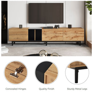 English Elm Modern TV Stand for 80'' TV with 3 Doors – Sleek Media Console, Drop-Down Storage, Durable MDF Design Natural Wood WF302939AAP
