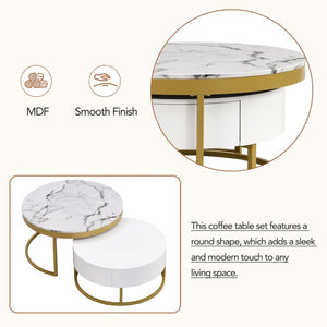 English Elm Modern White Lacquer Round Nesting Tables Gold Pedestal Base Glam Living Room Set N735P386429K