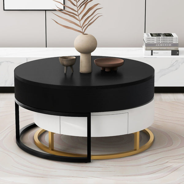 English Elm Modern Round Nesting Coffee Table Set with Lift Top Hydraulic Storage and Gold Pedestal CH307475AAB
