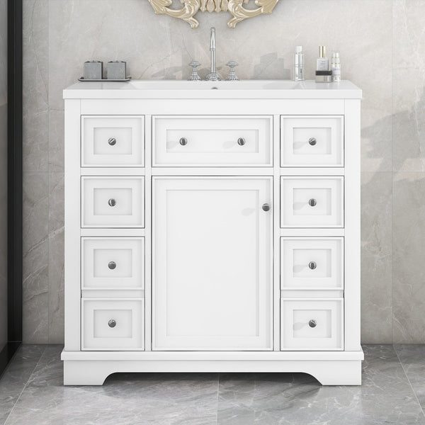 English Elm 36" Modern Bathroom Vanity with Ceramic Sink, Solid Wood & MDF Build, Six Drawers + Cabinet, Durable Finish and Adjustable Shelf for Organized Storage White SY999404AAK-6