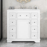 English Elm 36" Bathroom Vanity With Sink Combo, One Cabinet and Six Drawers, Solid Wood and Mdf Board, White