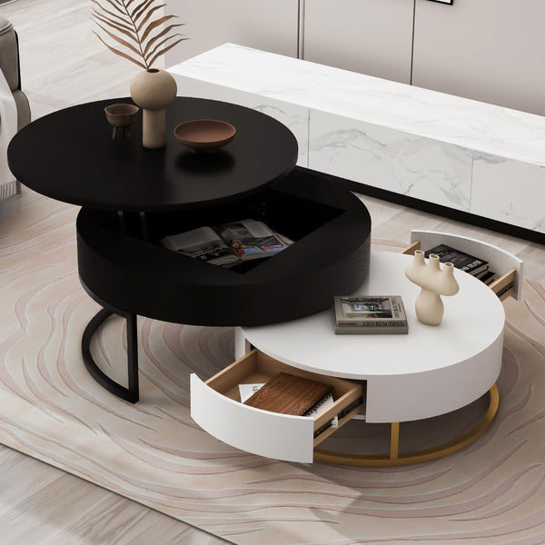 English Elm Modern Round Nesting Coffee Table Set with Lift Top Hydraulic Storage and Gold Pedestal CH307475AAB