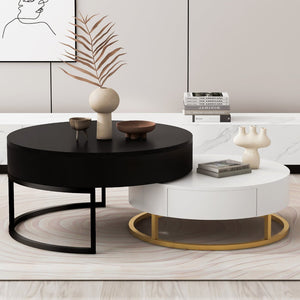 English Elm Modern Round Nesting Coffee Table Set with Lift Top Hydraulic Storage and Gold Pedestal CH307475AAB