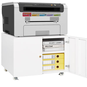 English Elm White Steel Rolling Printer Cabinet with Magnetic Doors and Adjustable Shelf for Home Office W124757932