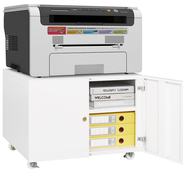 English Elm White Steel Rolling Printer Cabinet with Magnetic Doors and Adjustable Shelf for Home Office W124757932
