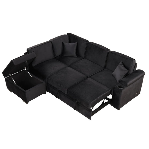 English Elm 84.75" Linen Sectional Sleeper Sofa with Storage Ottoman for Apartment Living SG000550AAB