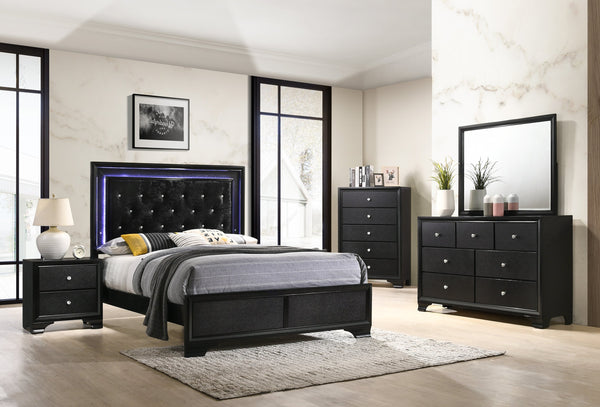 English Elm Modern Upholstered Queen LED Panel Bed with Faux Diamond Tufted Headboard and Glam Accent Lighting Black 66.1 L x 36.3 W x 4.7 H B011S00453