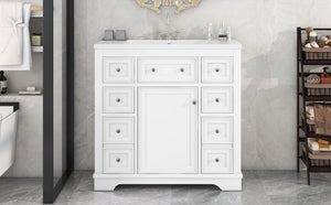 English Elm 36" Modern Bathroom Vanity with Ceramic Sink, Solid Wood & MDF Build, Six Drawers + Cabinet, Durable Finish and Adjustable Shelf for Organized Storage White SY999404AAK-6