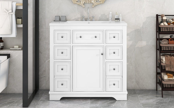 English Elm 36" Modern Bathroom Vanity with Ceramic Sink, Solid Wood & MDF Build, Six Drawers + Cabinet, Durable Finish and Adjustable Shelf for Organized Storage White SY999404AAK-6