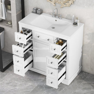 English Elm 36" Modern Bathroom Vanity with Ceramic Sink, Solid Wood & MDF Build, Six Drawers + Cabinet, Durable Finish and Adjustable Shelf for Organized Storage White SY999404AAK-6