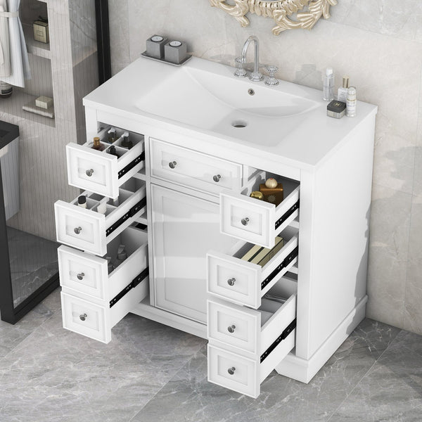 English Elm 36" Modern Bathroom Vanity with Ceramic Sink, Solid Wood & MDF Build, Six Drawers + Cabinet, Durable Finish and Adjustable Shelf for Organized Storage White SY999404AAK-6