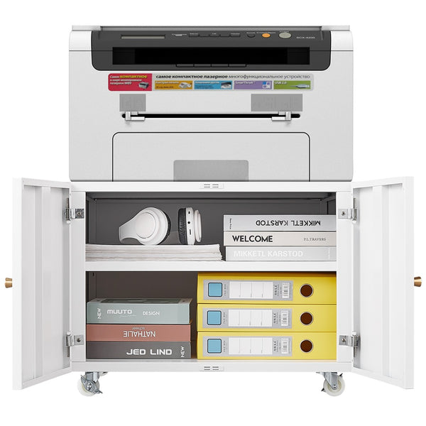English Elm White Steel Rolling Printer Cabinet with Magnetic Doors and Adjustable Shelf for Home Office W124757932