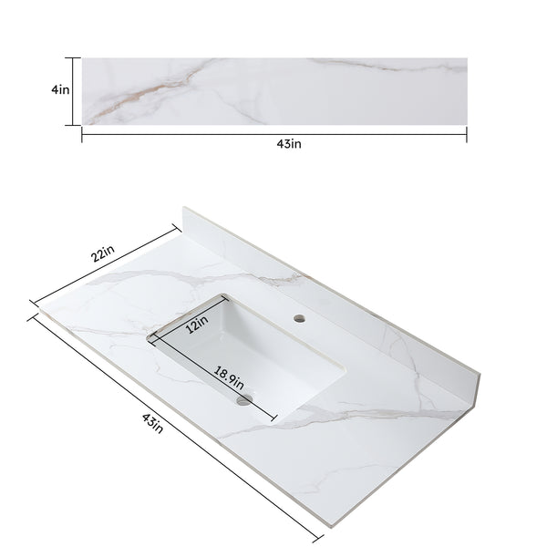 English Elm Montary 43X22 Inch Sintered Stone Vanity Top In Carrara Gold With Pre-Attached Sink & Backsplash W509107290