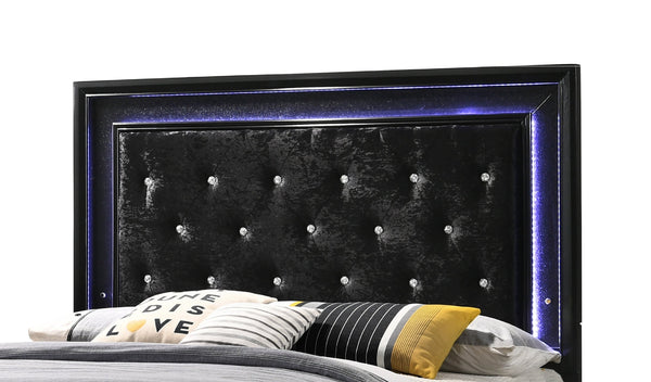 English Elm Modern Upholstered Queen LED Panel Bed with Faux Diamond Tufted Headboard and Glam Accent Lighting Black 82.2 L x 36.3 W x 4.76 H B011S00454