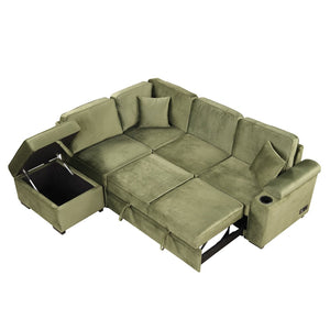 English Elm 84.75" Linen Sectional Sleeper Sofa with Storage Ottoman for Apartment Living SG000550AAF