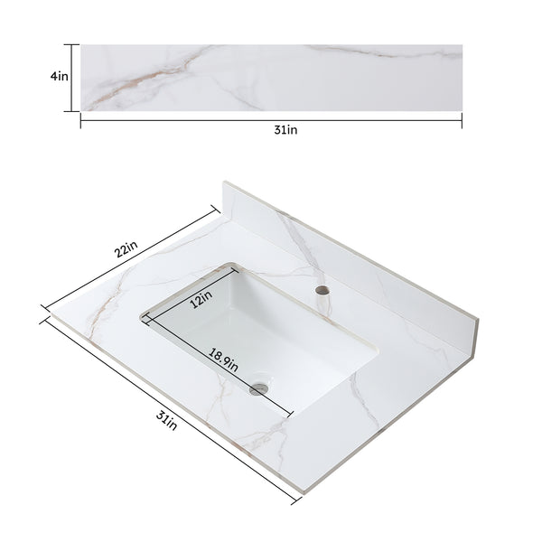English Elm Montary 31-Inch Carrara Gold Stone Vanity Top With Undermount Sink, Faucet Hole & Backsplash W509107286