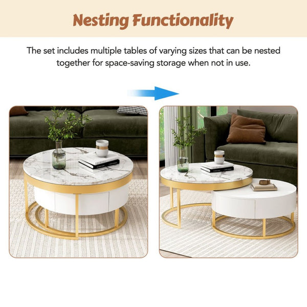 English Elm Modern White Lacquer Round Nesting Tables Gold Pedestal Base Glam Living Room Set N735P386429K
