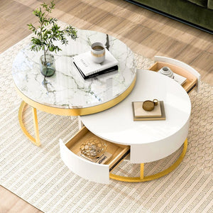 English Elm Modern White Lacquer Round Nesting Tables Gold Pedestal Base Glam Living Room Set N735P386429K