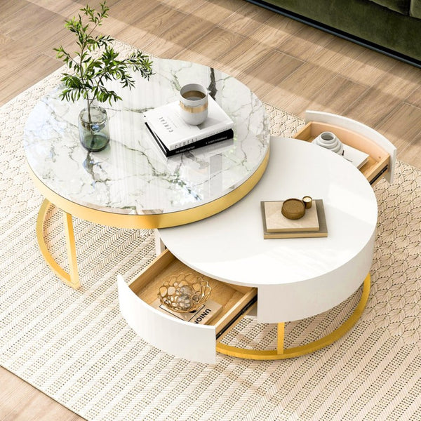 English Elm Modern White Lacquer Round Nesting Tables Gold Pedestal Base Glam Living Room Set N735P386429K