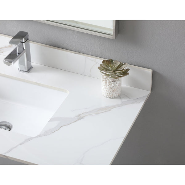 English Elm Montary 43X22 Inch Sintered Stone Vanity Top In Carrara Gold With Pre-Attached Sink & Backsplash W509107290