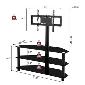 English Elm 35.4 Inch Floor Tv Stand Aluminum Pole Swivel Bracket Tempered Glass Shelves Black W241104068