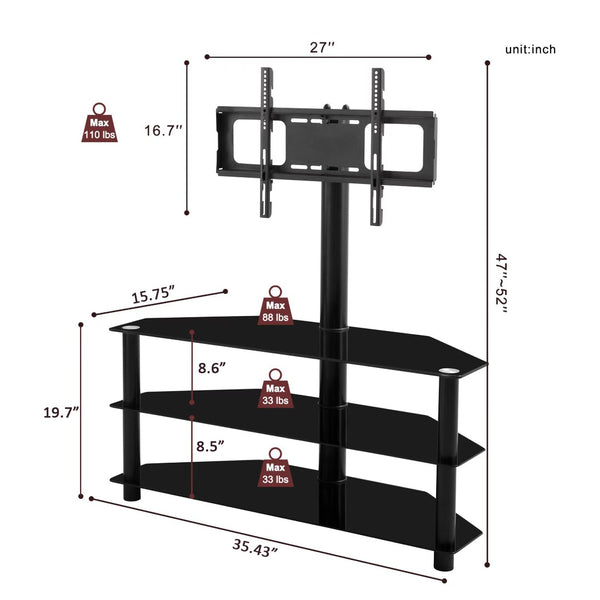 English Elm 35.4 Inch Floor Tv Stand Aluminum Pole Swivel Bracket Tempered Glass Shelves Black W241104068