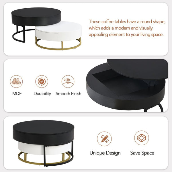 English Elm Modern Round Nesting Coffee Table Set with Lift Top Hydraulic Storage and Gold Pedestal CH307475AAB