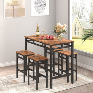 English Elm Bar bar table set 5PC Rustic Brown & Black Industrial High Dining Table with 4 Stools, 350LB Capacity W1162126311