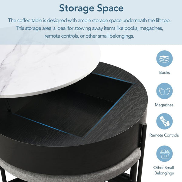 English Elm Modern Round Lift Top Coffee Table with Hidden Storage and Three Nesting Ottomans CH265770AAB