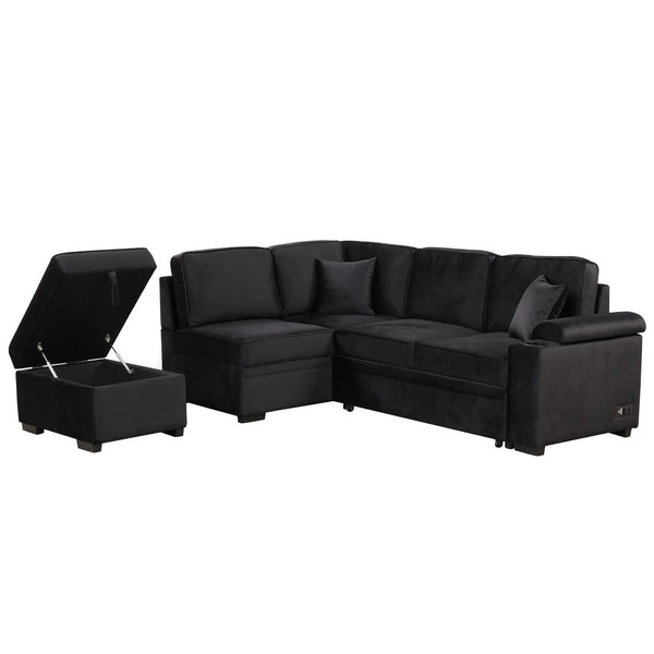 English Elm 84.75" Linen Sectional Sleeper Sofa with Storage Ottoman for Apartment Living SG000550AAB
