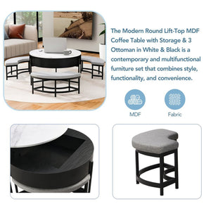 English Elm Modern Round Lift Top Coffee Table with Hidden Storage and Three Nesting Ottomans CH265770AAB