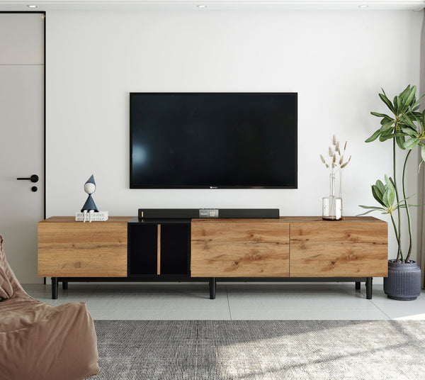 English Elm Modern TV Stand for 80'' TV with 3 Doors – Sleek Media Console, Drop-Down Storage, Durable MDF Design Natural Wood WF302939AAP
