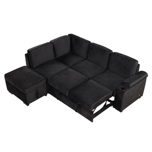 English Elm 84.75" Linen Sectional Sleeper Sofa with Storage Ottoman for Apartment Living SG000550AAB
