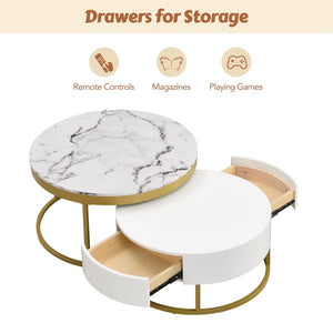 English Elm Modern White Lacquer Round Nesting Tables Gold Pedestal Base Glam Living Room Set N735P386429K
