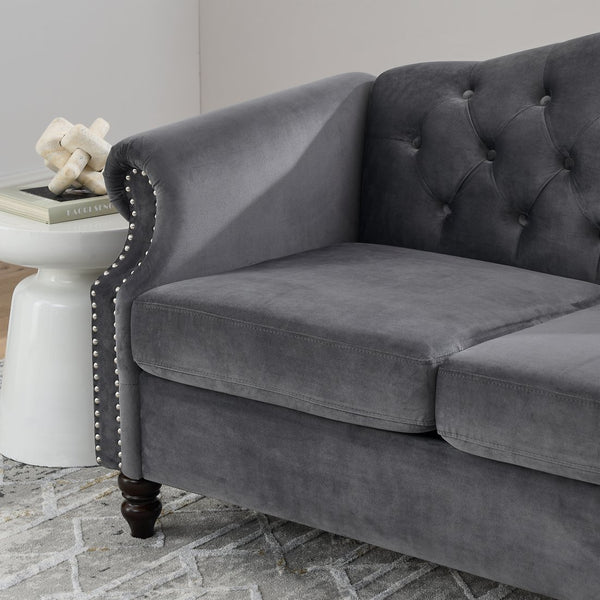 English Elm 57" Chesterfield Sofa Velvet 2-Seater Tufted Design with Rolled Arms, Nailhead Trim, Solid Wood Legs Grey W834S00120