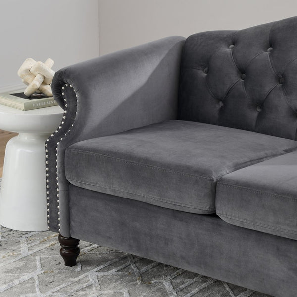 English Elm 57" Chesterfield Velvet Tufted Sofa with Nailhead Trim and Rolled Arms for Small Spaces Grey W834S00598
