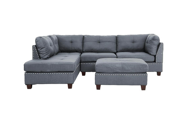 English Elm 3-pcs Reversible Sectional Sofa with Ottoman Nailhead Trim Bonded Leather Modern Cushioned Lounger Light Grey-Blue 11 L x 25 W x 35 H B011S00101