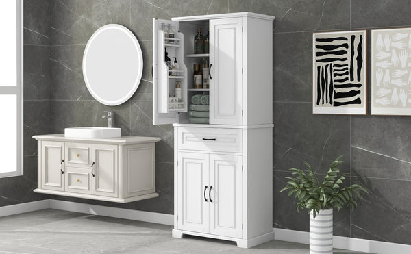 English Elm Bathroom Tall Storage Cabinet with Doors Drawer and Adjustable Shelf, MDF Build, Metal Handles, Anti-Tip Safety White WF308204AAK