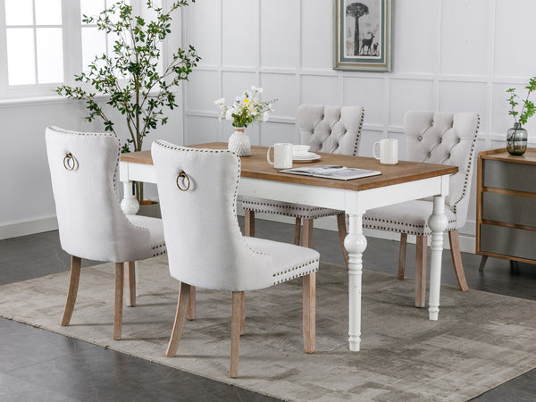 English Elm Nikki Modern Tufted Flax Upholstered Dining Chair with Solid Wood Legs and Nailhead Trim, Set Beige W114368382