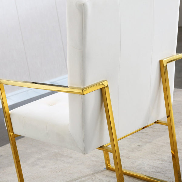 English Elm Modern Tufted Polyester Dining Arm Chair with Gold Stainless Sled Base Glam Retro Beige W1241123373