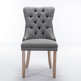 Contemporary Set of 2 Gray Flax Dining Chairs with Wood Legs & Nailhead Trim