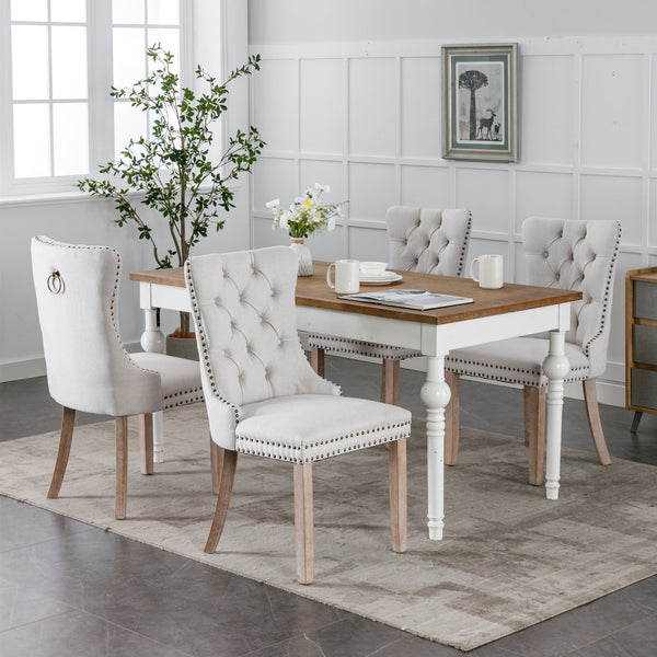 English Elm Nikki Modern Tufted Flax Upholstered Dining Chair with Solid Wood Legs and Nailhead Trim, Set Beige W114368382