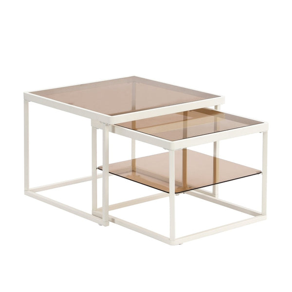 English Elm On-trend Nesting Coffee Table Set Brown Tempered Glass Tops White Metal Living Room WF307975AAK