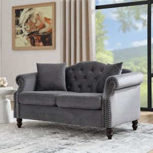 English Elm 57" Chesterfield Sofa Velvet 2-Seater Tufted Design with Rolled Arms, Nailhead Trim, Solid Wood Legs Grey W834S00120