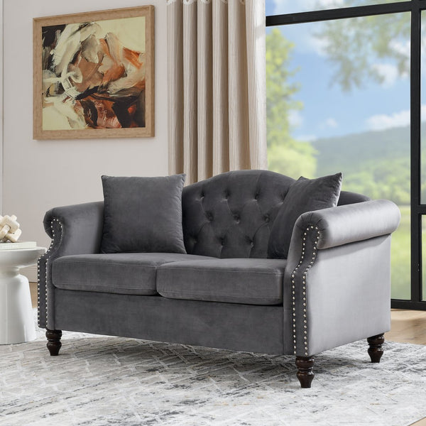 English Elm 57" Chesterfield Sofa Velvet 2-Seater Tufted Design with Rolled Arms, Nailhead Trim, Solid Wood Legs Grey W834S00120