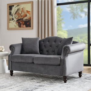 English Elm 57" Chesterfield Velvet Tufted Sofa with Nailhead Trim and Rolled Arms for Small Spaces Grey W834S00598