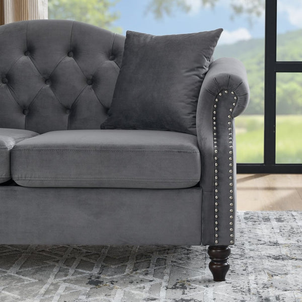 English Elm 57" Chesterfield Velvet Tufted Sofa with Nailhead Trim and Rolled Arms for Small Spaces Grey W834S00598