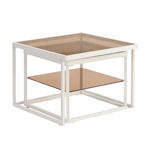 English Elm On-trend Nesting Coffee Table Set Brown Tempered Glass Tops White Metal Living Room WF307975AAK
