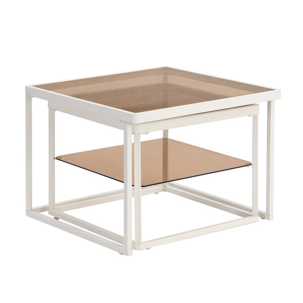 English Elm On-trend Nesting Coffee Table Set Brown Tempered Glass Tops White Metal Living Room WF307975AAK