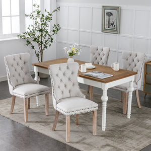 English Elm Nikki Modern Tufted Flax Upholstered Dining Chair with Solid Wood Legs and Nailhead Trim, Set Beige W114368382